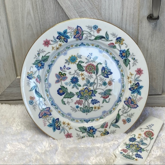 Andrea by Sadek Cake Plate & Server Set Multicolor Floral/Leaf Design W/GoldRim - Picture 2 of 9